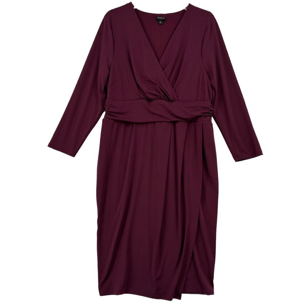 Torrid Faux Wrap Dress Size 1X Midi Surplice Stretch Knit Plum Purple